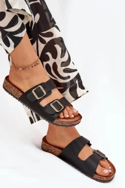 Damskie Klapki Na Korkowej Platformie Z Klamrami Czarne Vesina