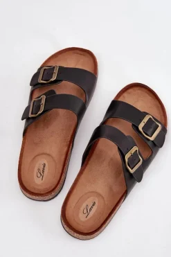 Damskie Klapki Na Korkowej Platformie Z Klamrami Czarne Vesina