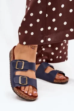 Damskie Klapki Na Korkowej Platformie Z Klamrami Granatowe Vesina