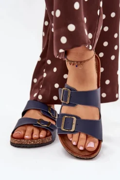 Damskie Klapki Na Korkowej Platformie Z Klamrami Granatowe Vesina