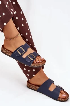 Damskie Klapki Na Korkowej Platformie Z Klamrami Granatowe Vesina