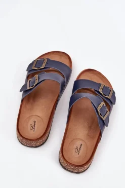 Damskie Klapki Na Korkowej Platformie Z Klamrami Granatowe Vesina