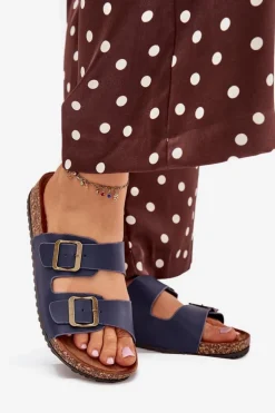 Damskie Klapki Na Korkowej Platformie Z Klamrami Granatowe Vesina