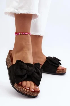 Damskie Klapki Na Korkowej Platformie Z Kokardą Czarne Tarena