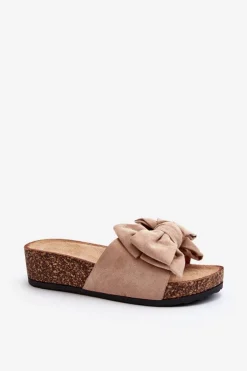 Damskie Klapki Na Korkowej Platformie Z Kokardą Khaki Tarena