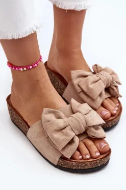 Damskie Klapki Na Korkowej Platformie Z Kokardą Khaki Tarena