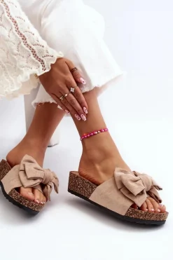 Damskie Klapki Na Korkowej Platformie Z Kokardą Khaki Tarena