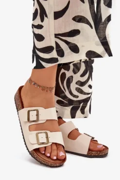 Damskie Klapki Na Korkowej Platformie Z Klamrami Beżowe Vesina