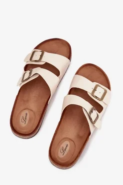 Damskie Klapki Na Korkowej Platformie Z Klamrami Beżowe Vesina