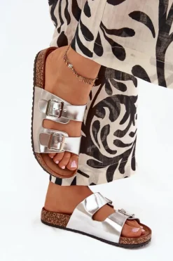 Damskie Klapki Na Korkowej Platformie Z Klamrami Srebrne Vesina