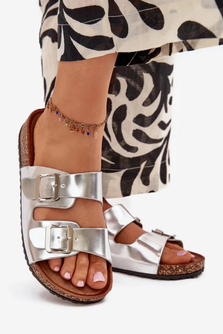 Damskie Klapki Na Korkowej Platformie Z Klamrami Srebrne Vesina