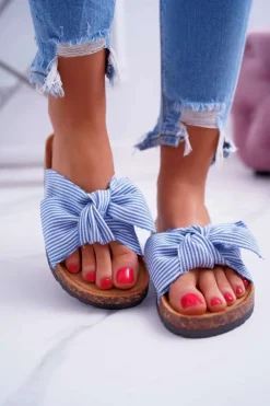 Damskie Klapki Na Korku Kokarda Niebieskie Randy