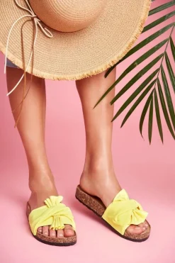 Damskie Klapki Na Korku Kokardki Żółty Neon Felis