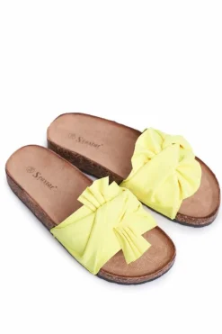 Damskie Klapki Na Korku Kokardki Żółty Neon Felis
