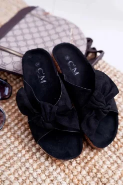 Damskie Klapki Na Korku Kokarda Czarne Fallen