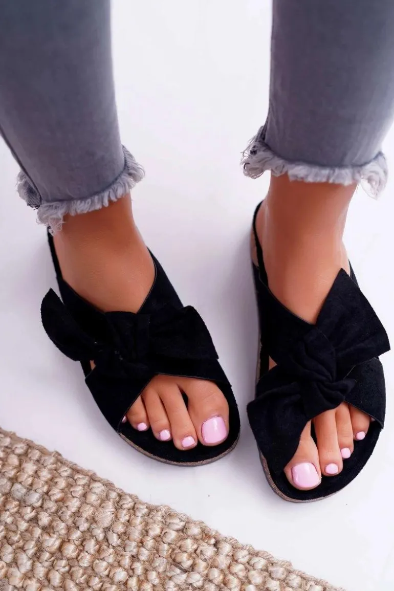 Damskie Klapki Na Korku Kokarda Czarne Fallen