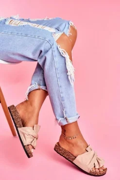 Damskie Klapki Na Korku Kokardki Beżowe Felis