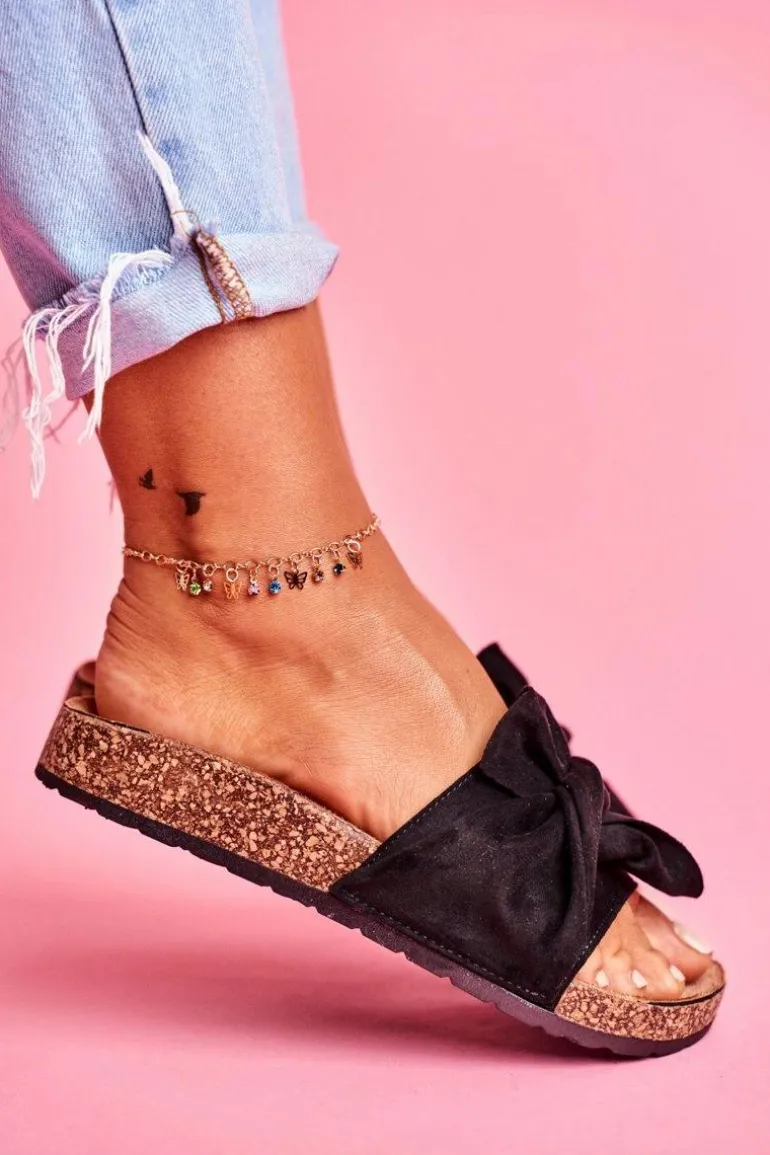 Damskie Klapki Na Korku Kokardki Czarne Felis