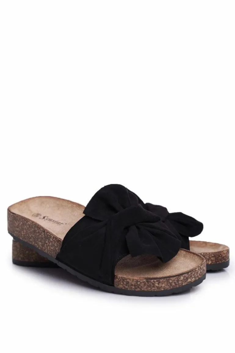 Damskie Klapki Na Korku Kokardki Czarne Felis