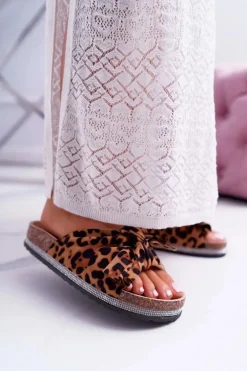 Damskie Klapki Na Korku Kokarda Cyrkonie Leopard Astria