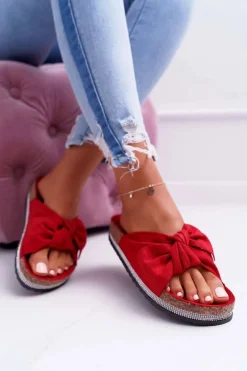 Damskie Klapki Na Korku Kokarda Cyrkonie Czerwony Astria