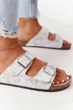 Damskie Klapki Na Korku Z Klamrami Srebrne Vivio