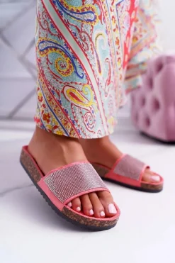 Damskie Klapki Na Korku Z Kryształkami Koralowe Do It!