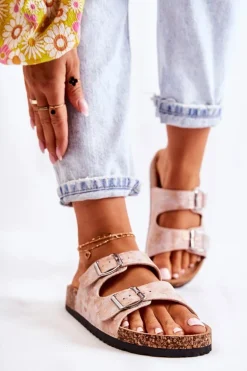 Damskie Klapki Na Korku Z Klamrami Różowe Złoto Vivio