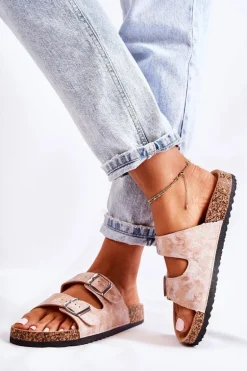 Damskie Klapki Na Korku Z Klamrami Różowe Złoto Vivio