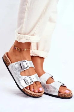 Damskie Klapki Na Korku Z Klamrami Srebrne Vivio