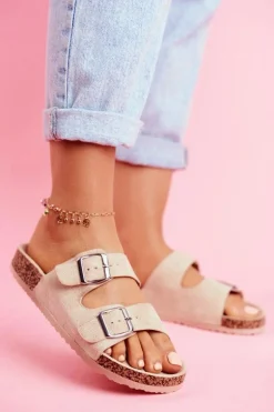 Damskie Klapki Na Korku Z Klamrami Beżowe Si Senor