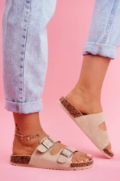 Damskie Klapki Na Korku Z Klamrami Beżowe Si Senor