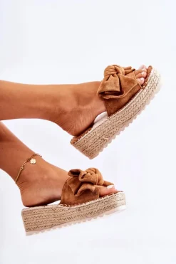 Damskie Klapki Na Koturnie Z Kokardą Brązowe Tayla