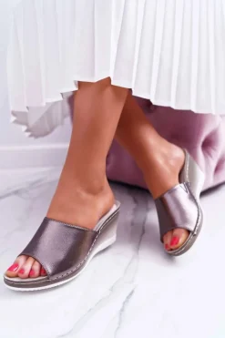 Damskie Klapki Na Koturnie Eleganckie Metaliczne Loca