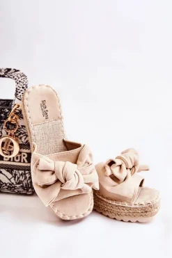 Damskie Klapki Na Koturnie Z Kokardą Beżowe Tayla