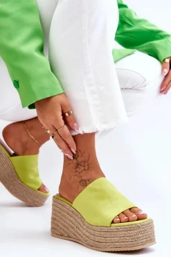 Damskie Klapki Na Koturnie I Platformie Limonkowe Ysabel