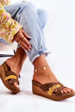 Damskie Klapki Na Koturnie Inblu EN000024 Brązowo-Żółte