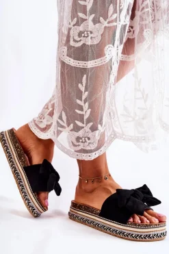 Damskie Klapki Na Masywnej Platformie Z Kokardą Czarne Macardi