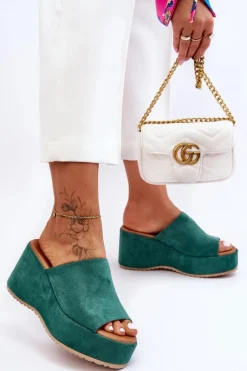 Damskie Klapki Na Masywnej Platformie Zielone Martina