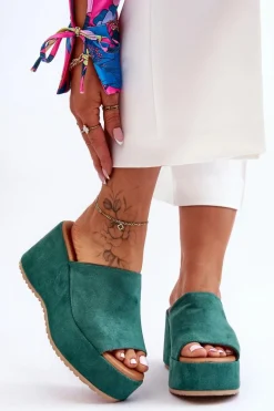 Damskie Klapki Na Masywnej Platformie Zielone Martina