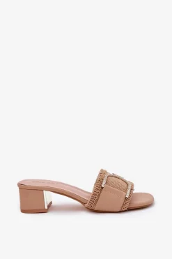 Damskie Klapki Na Obcasie Z Ozdobnym Detalem Ciemnobeżowe Julinemi