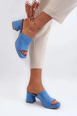 Damskie Klapki Na Obcasie Niebieskie Bralya