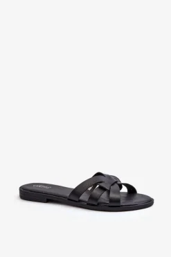 Damskie Klapki Na Płaskim Obcasie Z Eko Skóry Czarne Rosalini