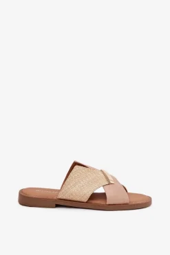 Damskie Klapki Na Płaskim Obcasie Z Ozdobnym Detalem Vinceza 17385 Beżowe