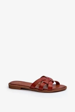 Damskie Klapki Na Płaskim Obcasie Z Eko Skóry Brązowe Rosalini