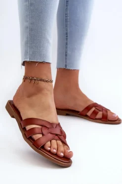 Damskie Klapki Na Płaskim Obcasie Z Eko Skóry Brązowe Rosalini