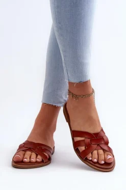 Damskie Klapki Na Płaskim Obcasie Z Eko Skóry Brązowe Rosalini