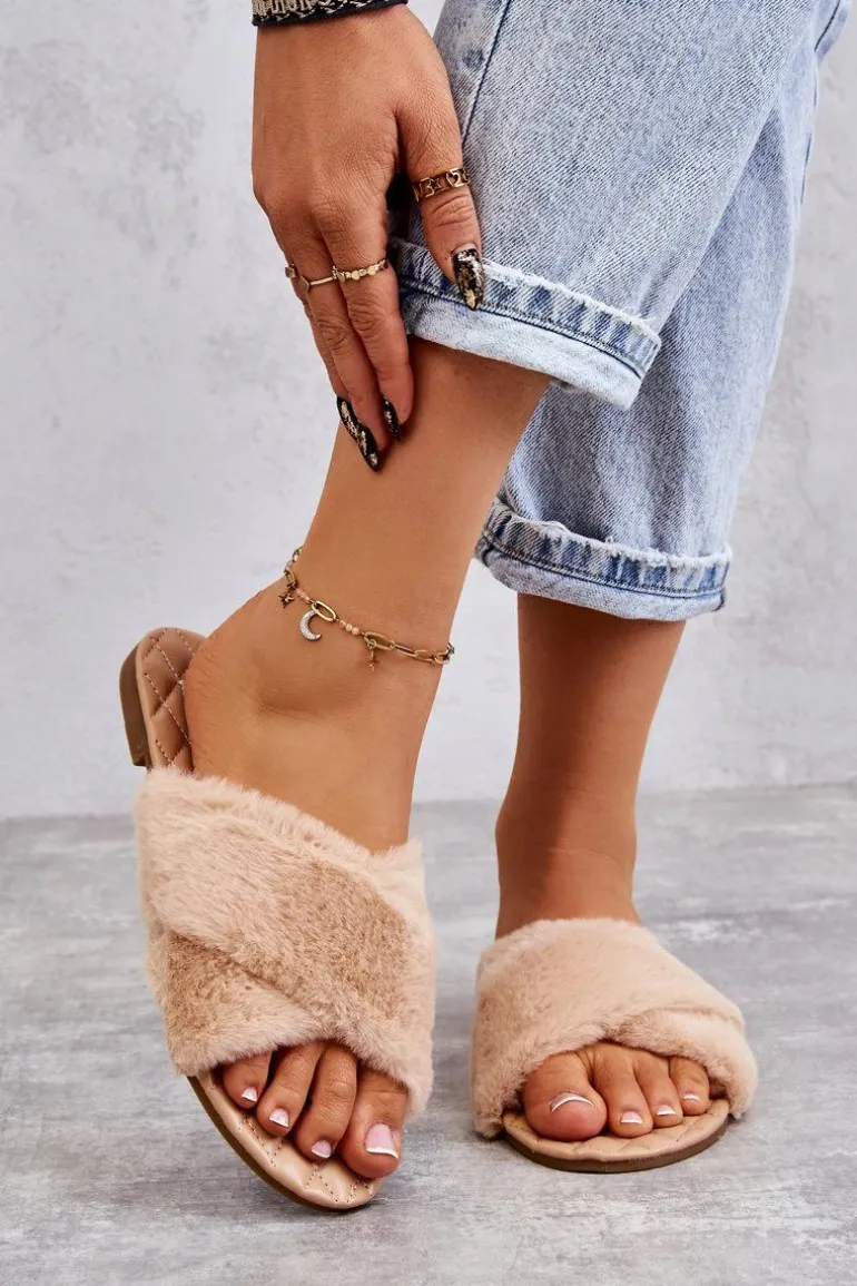 Damskie Klapki Na Płaskim Obcasie Z Futerkiem Nude Lussie