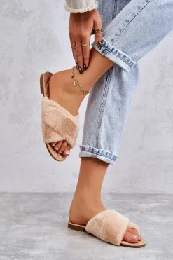 Damskie Klapki Na Płaskim Obcasie Z Futerkiem Nude Lussie