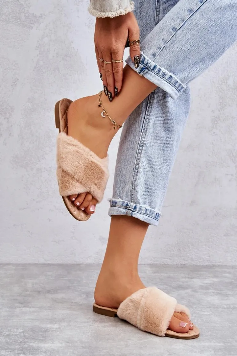 Damskie Klapki Na Płaskim Obcasie Z Futerkiem Nude Lussie